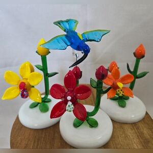 Set of 3 Handmade Lampwork Glass Sculptures Hummingbird on Orchids Figurines